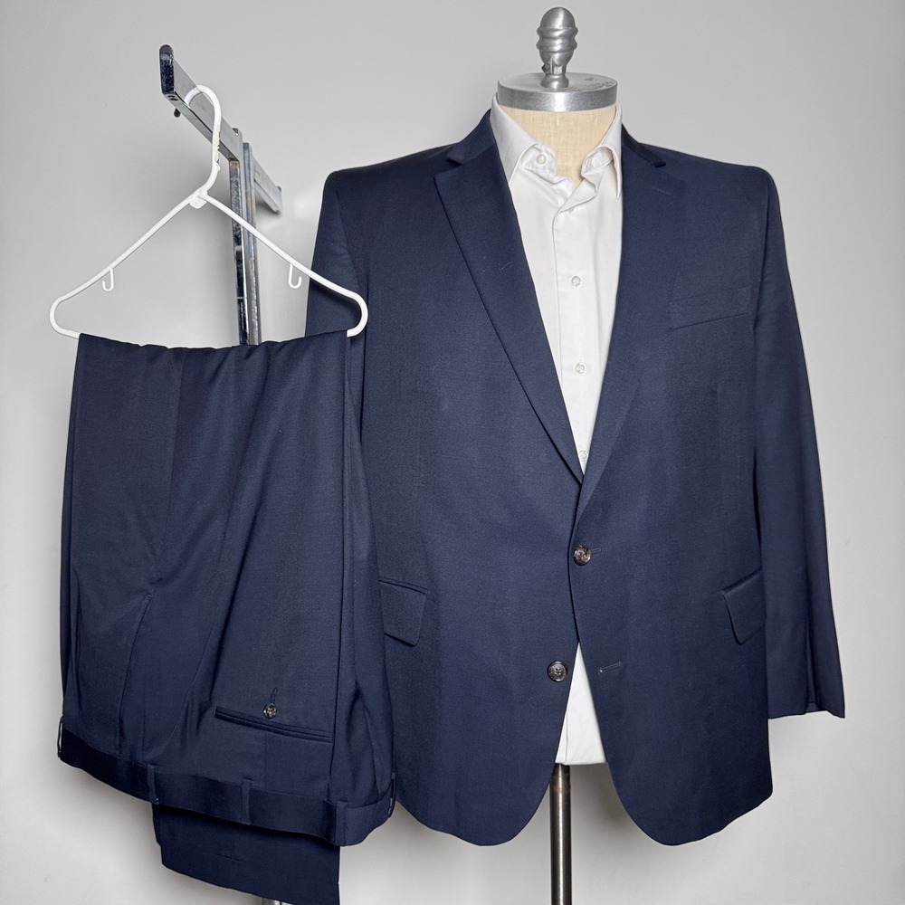 Stafford Travel Suit Mens 48PTREG 42x31 Navy Blue Solid Portly Fit Wool Blend